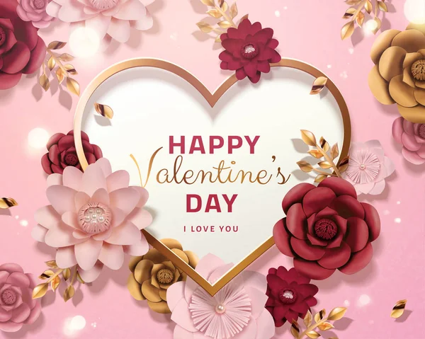 Happy Valentine Day Kaartsjabloon Met Papieren Bloemen Illustratie Roze Achtergrond — Stockvector