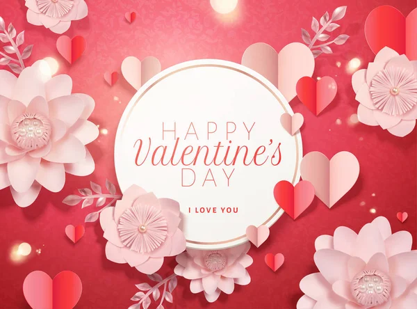 Glückliche Valentinstag Kartenvorlage Mit Papierrosa Blumen Und Herzförmigen Dekorationen Illustration — Stockvektor