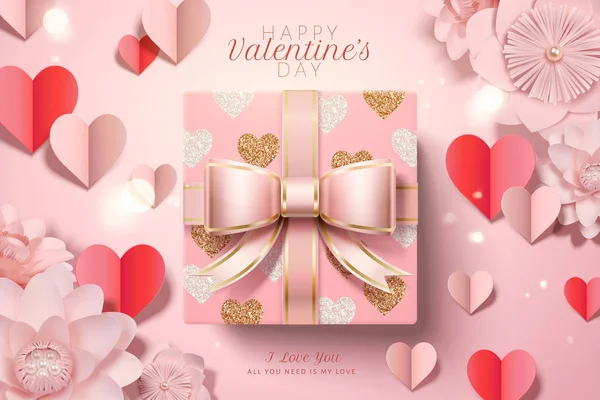 Happy Valentijnsdag Met Roze Geschenkdoos Hartvormige Inpakpapier Illustratie — Stockvector