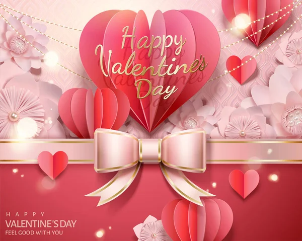 Happy Valentine Day Papier Vouwen Hart Vormige Decoraties Illustratie Roze — Stockvector