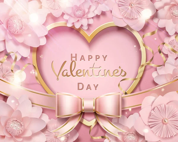 Happy Ημέρα Του Αγίου Βαλεντίνου Καρδιά Σχήμα Και Ροζ Λουλούδια — Διανυσματικό Αρχείο