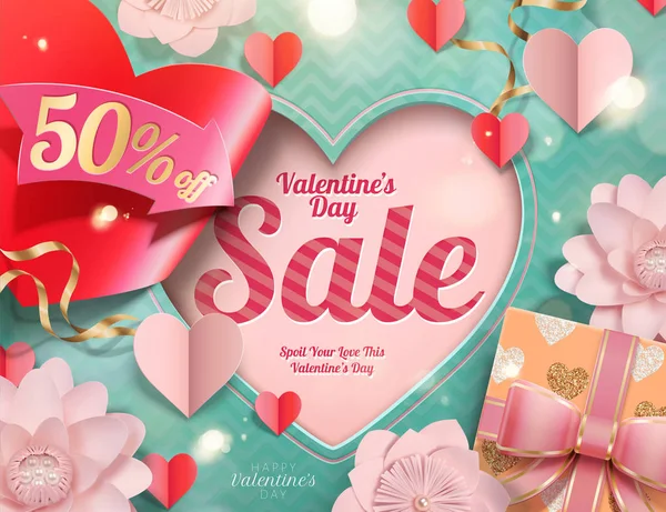 Happy Valentine Day Sale Décorations Forme Coeur Fleurs Roses Illustration — Image vectorielle