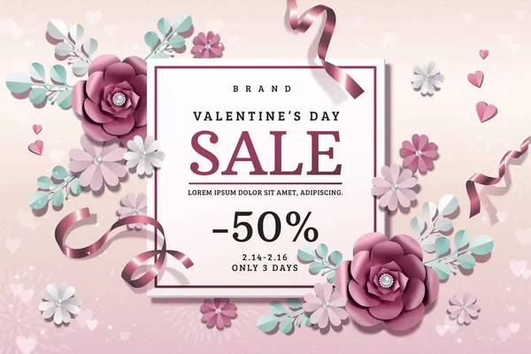 Vente Saint Valentin Avec Des Décorations Fleurs Papier Exquis Illustration — Image vectorielle