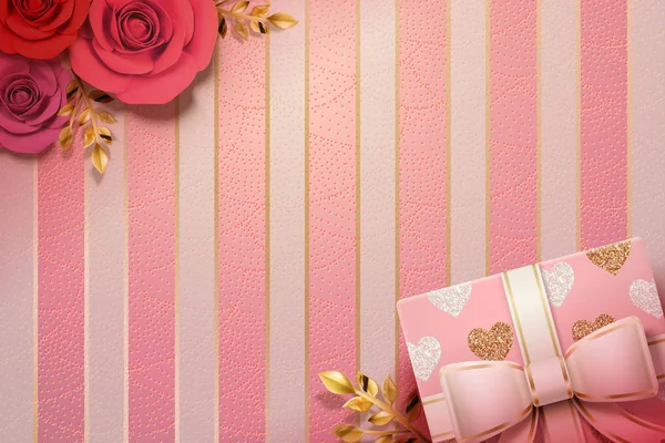 Valentinstag Gestreifter Hintergrund Mit Geschenkschachtel Und Rosendekoration Illustration — Stockvektor