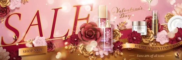 Šťastný Valentýna Kosmetické Prodej Banner Papírovými Květinami Růžové Bokeh Pozadí — Stockový vektor