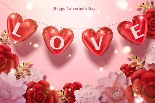 Szczęśliwy Valentine Day Sprzedaż Balony Kształcie Serca Kwiaty Papierowe Ilustracji — Wektor stockowy