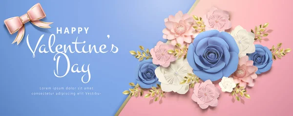 Happy Valentine Day Banner Met Papieren Bloemen Roze Blauw Illustratie — Stockvector