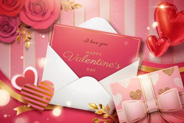 紙の花 イラストレーションでギフト ボックスの封筒にバレンタインデーのカード — ストックベクタ
