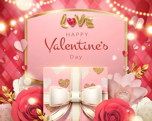Valentinstag Kartenvorlage Mit Geschenkbox Und Papierrosen Illustration — Stockvektor