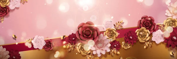 イラストレーションのぼけ効果でロマンチックな紙の花のバナー — ストックベクタ