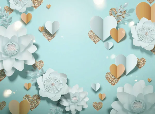 Elegante Papierblumen Und Herzdekorationen Auf Hellblauem Hintergrund Illustration — Stockvektor