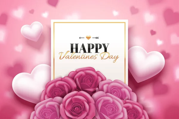 Happy Valentine Day Design Met Roze Rozen Boetiek Hartvormige Illustratie — Stockvector