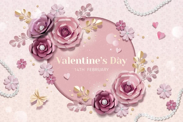 Happy Valentine Day Sjabloon Met Papieren Bloemen Decoratie — Stockvector