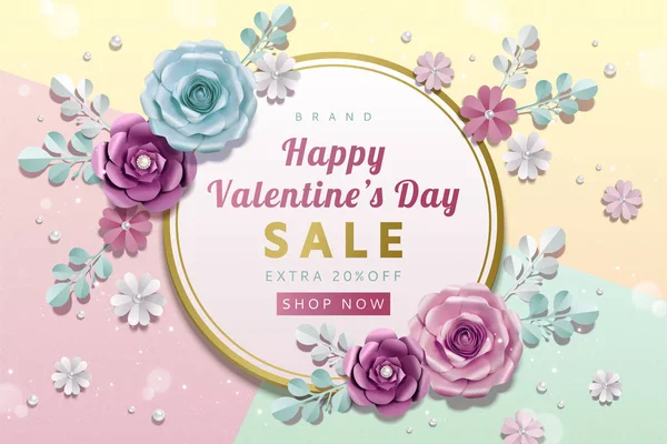 Happy Valentine Day Sale Template Avec Des Décorations Fleurs Papier — Image vectorielle