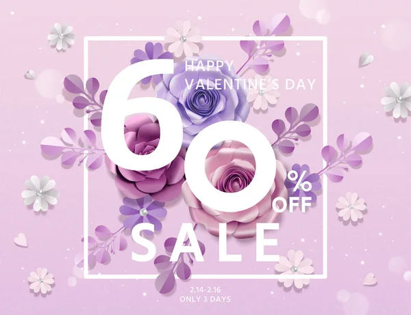 Happy Valentine Day Sale Template Avec Des Décorations Fleurs Papier — Image vectorielle