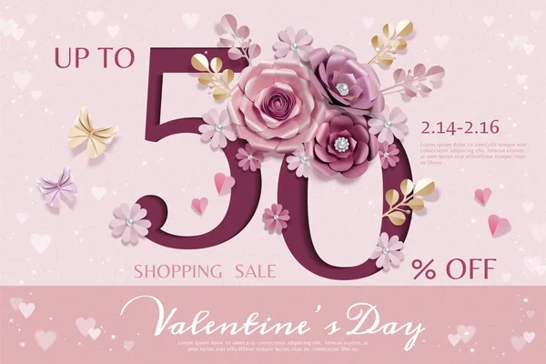 Happy Valentine Day Sale Template Avec Des Décorations Fleurs Papier — Image vectorielle