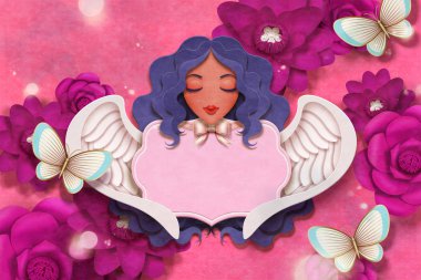 Güzel melek ve fuşya çiçek arka planda kağıt el sanatları tarzı