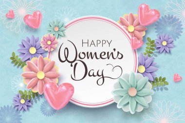 Mutlu kadın gün kartı şablonu ile kağıt çiçekler ve pembe folyo balon