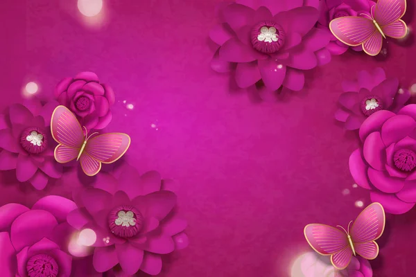 生动的紫红色纸花装饰背景与蝴蝶 — 图库矢量图片
