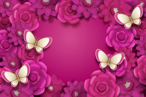 Fondo Decorativo Vívido Flores Papel Fucsia Con Mariposa — Vector de stock