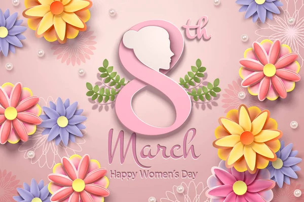 März Frauentag Mit Papierblumen Und Perlenschmuck — Stockvektor