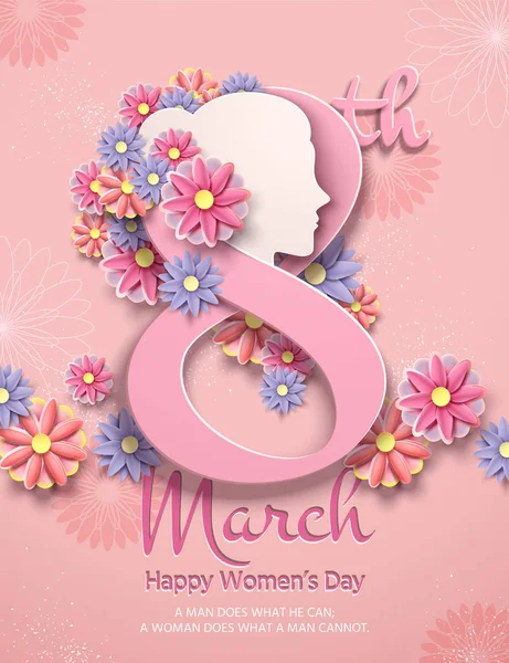 Marzo Poster Giorno Delle Donne Con Fiori Carta Rosa Chiaro — Vettoriale Stock