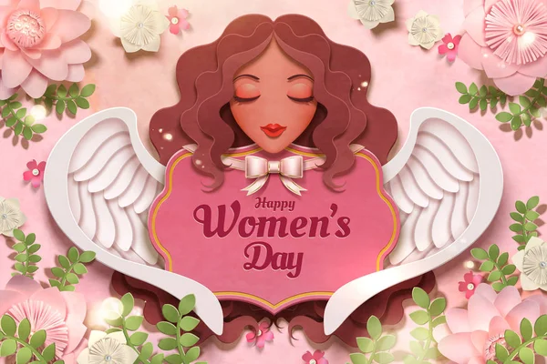 Happy Women Day Design Angel Flowers Decoration Paper Craft Style — стоковый вектор