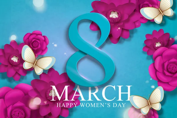 März Frauentag Mit Fuchsiafarbenen Blumen Papierarbeit — Stockvektor