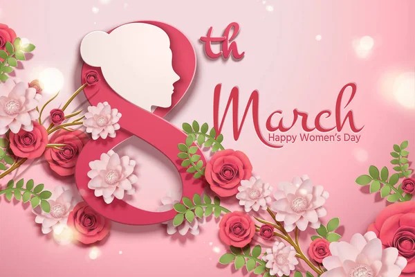 März Frauentag Mit Rosafarbenen Blumen Und Frauenkopf Papierarbeit — Stockvektor