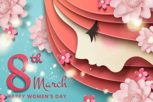 Happy Women Day Design Eye Closed Woman Flowers Decoration Paper — стоковый вектор