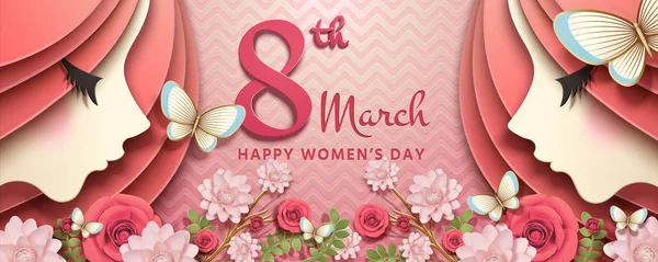 Happy Women Day Banner Design Eye Closed Woman Garden Paper — стоковый вектор