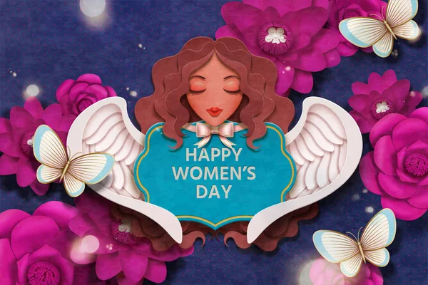 Happy Women Day Design Mit Engel Und Fuchsienblumen Dekoration Papierhandwerk — Stockvektor