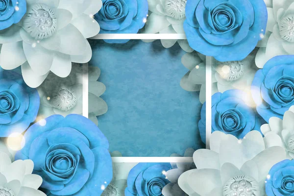 Elegante Papierblumen Dekorativer Rahmen Hintergrund Blau — Stockvektor