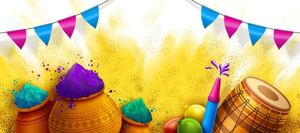 Шаблон Фестивалю Happy Holi Різнокольоровими Елементами Порошку Дхолу Каркасу — стоковий вектор