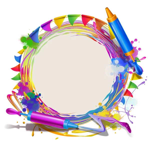 快乐的霍利节日背景与旋转五颜六色的油漆和皮奇卡里卡模板 — 图库矢量图片