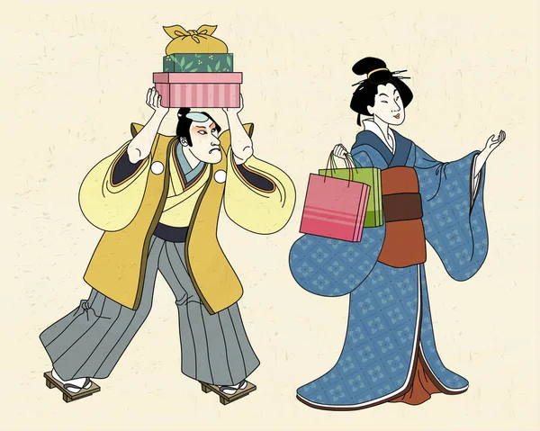 Shopping kvinna i ukiyo-e stil — Stock vektor