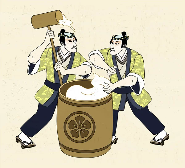 Homem batendo mochi no estilo Ukiyo-e — Vetor de Stock