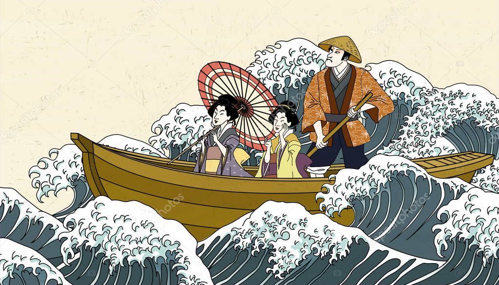 Boat ride trip in ukiyo-e style