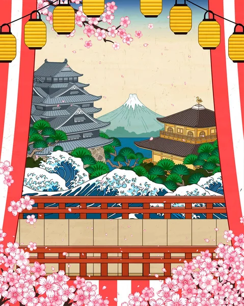 Paisaje histórico japonés — Vector de stock