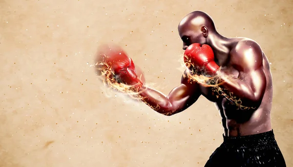 Fuerte boxeador lanzando gancho de llama — Vector de stock