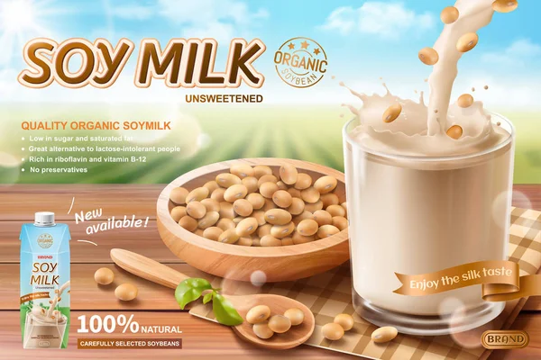 Anuncios de leche de soja ecológica — Vector de stock