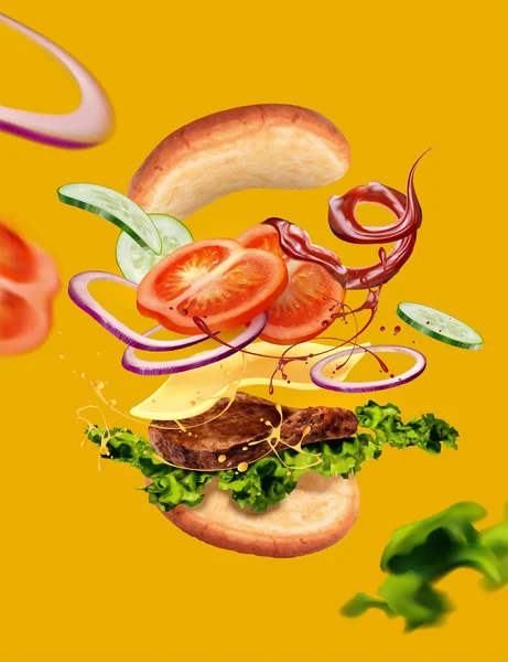 黄色の背景にハンバーガー — ストックベクタ