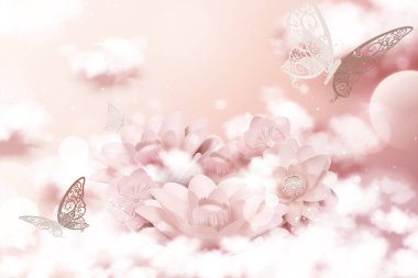 Pastel pembe kağıt çiçekler ve bulut