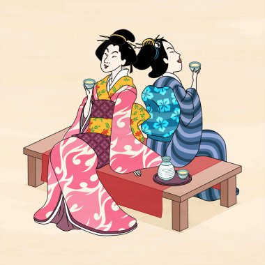 Ukiyo e tarzı geyşa zevk sake