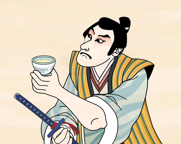 日本酒を楽しむ浮世絵歌舞伎俳優 — ストックベクタ