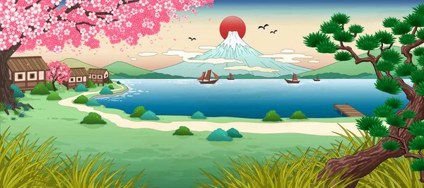 Paisaje de montaña Ukiyo e fuji — Vector de stock