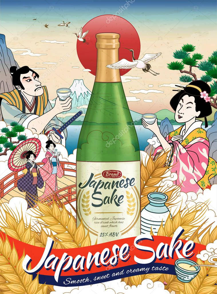Ukiyo e style Japanese sake ads