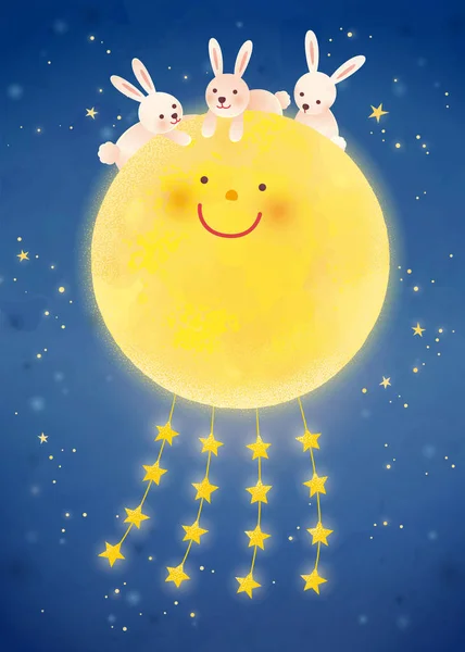Belle lune souriante avec des lapins — Image vectorielle