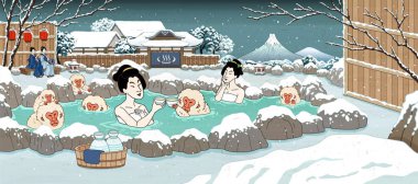 Ukiyo-e tarzı kaplıca sahnesi