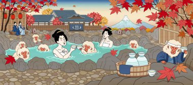Ukiyo-e tarzı kaplıca sahnesi